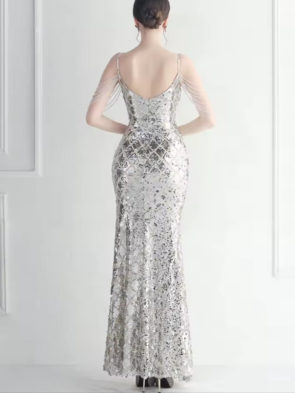 Silver Sequin Evening Gown with Illusion Sleeves - Picture 6 of 15